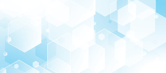 Abstract blue hexagonal pattern with soft gradients medicine and science concept background. Geometric medical cross horizontal banner.