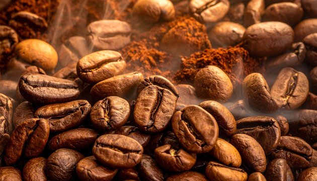 Close-up of aromatic roasted coffee beans with swirling steam, perfect for a cozy morning or café ambiance