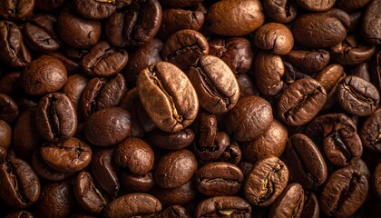 Close-up macro shot of roasted coffee beans, a rich, dark brown background for your caffeine fix