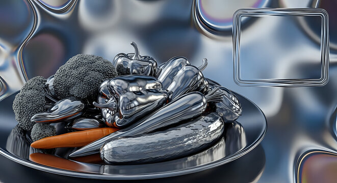 Chrome vegetables and fruit present a modern and sleek aesthetic, ideal for designs that require a touch of futuristic elegance and a healthy lifestyle concept with vibrant hues