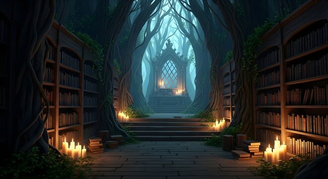 Fantasy Forest Library with Candlelight and Old Books Education Concept Knowledge Study Reading Quiet Place Tranquil Dark Tone