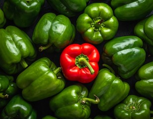 A vibrant overhead shot of green bell peppers surrounding one solitary red pepper