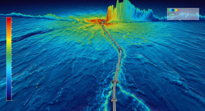 Visualization of an underwater pipeline for gas and oil traversing a colorful 3d ocean floor map. Subsea infrastructure engineering concept.