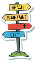 Directional sign points towards beach, mountains, and city destinations on a sunny day, creating a sense of wanderlust and travel inspiration.