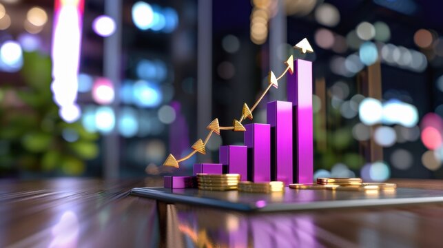 Colorful Bar Graph with Golden Coins and Upward Trend in a Dynamic Urban Setting at Night