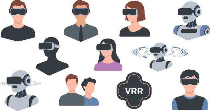 People and Robots Wearing Virtual Reality Headsets, VRR Logo on a White Background