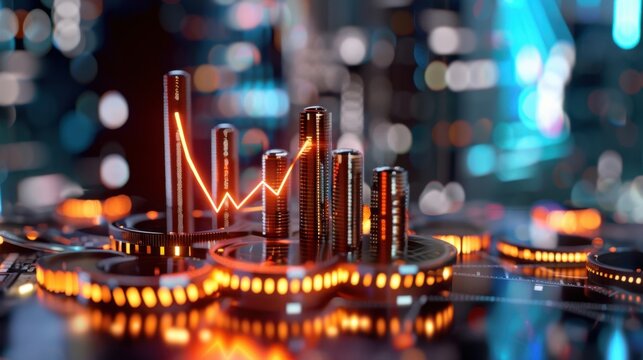 Futuristic cityscape with glowing data visualization and neon accent lights representing digital technology and financial growth - Powered by Adobe