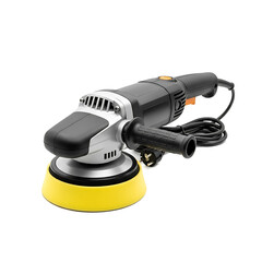 A power tool, showcasing a black and silver machine with a yellow polishing pad and a black handle, against a black backdrop