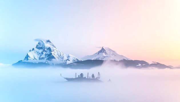 Misty Mountain Serenity A Boat Navigates Through Ethereal Clouds Towards Snow-Capped Peaks at Sunrise