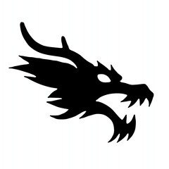 A bold black dragon head silhouette with sharp horns, fierce eyes, and pointed teeth on a plain white background, giving a strong mythical and powerful impression