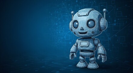 Fototapeta premium Vector Illustration Concept of Futuristic Low Poly Robot Character with Blue Glow on Digital Circuit Board Background, Polygonal Wireframe Design for Technology and Innovation Themes