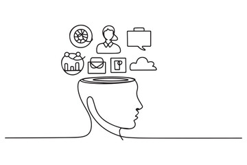 Continuous one line drawing Business icons are floating above head concept. one line Icon drawing with white background