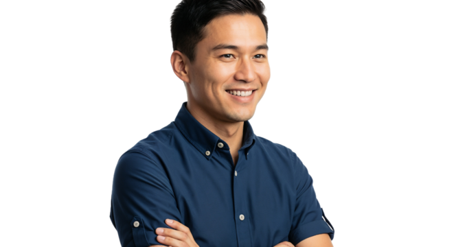 Smiling young man in a blue shirt with crossed arms against a plain background
