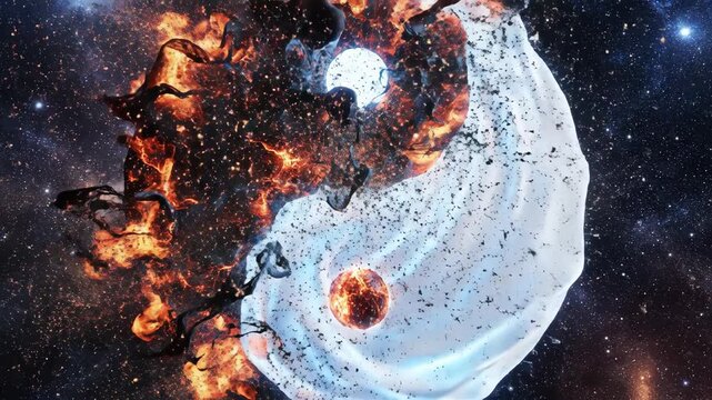 Cinematic 3D animation of a Yin-Yang symbol with a fiery black side and a calm liquid light white side.