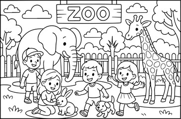 Naklejka premium hand drawn vector doodle illustration of fairy tale characters in the zoo coloring page for kids line art