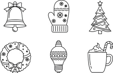 Fototapeta premium Christmas icon set with bell, mitten, tree, wreath, ornament, and hot chocolate