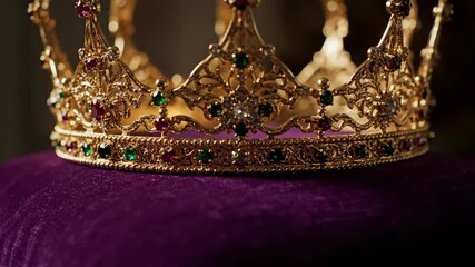 A golden jeweled crown is placed on a purple velvet cushion. Close-up of ornate royal regalia. Monarchy, power, and luxury concept - Powered by Adobe