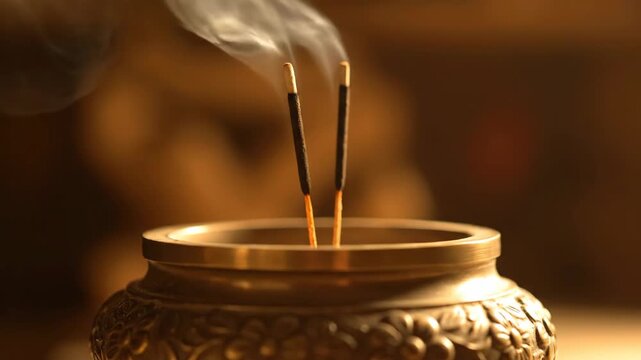 Two incense sticks burning in an ornate brass holder. Smoke rises in a warm, spiritual atmosphere for relaxation, meditation, and aromatherapy