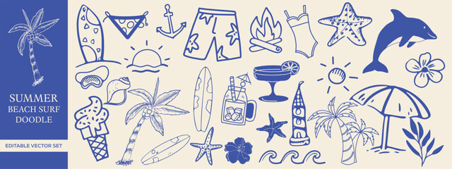 Hand drawn Summer Beach, Surf, and Tropical Doodles with Elements like Palm Trees, Ice Cream, Surfboards, and Sun