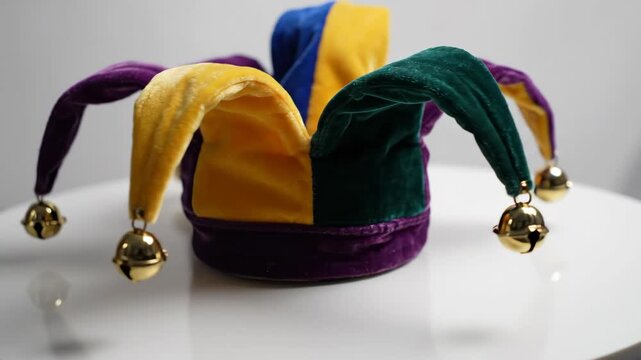 A colorful jester's hat with golden bells rotating on a white background. A plush velvet fool's cap for a carnival or medieval costume. Comedy and entertainment concept