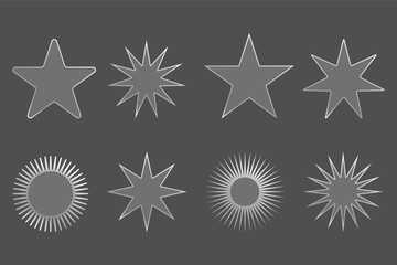 Obraz premium Eight silver star and sun shaped images are aligned on a grey backdrop