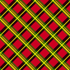 Diagonal traditional tartan check pattern with vivid red, yellow green and brown stripes