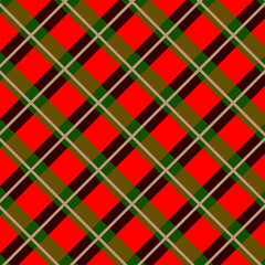 Diagonal red and green tartan plaid pattern with classic brown and beige accents