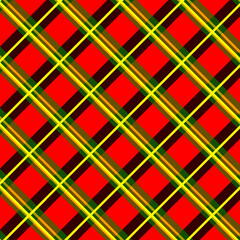 Vivid diagonal tartan plaid pattern with red base and bright yellow-green and brown lines