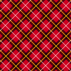 Classic red and black diagonal tartan plaid pattern with white and yellow accent lines
