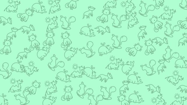 Background with light green cat and squirrel outlines perfect for cute animalthemed designs, childrens book illustrations, greeting cards, and stationery.