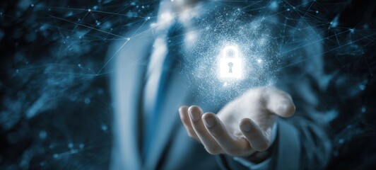 The Padlock of Digital Security Hovering Above Professional's Hand With Network Connections
