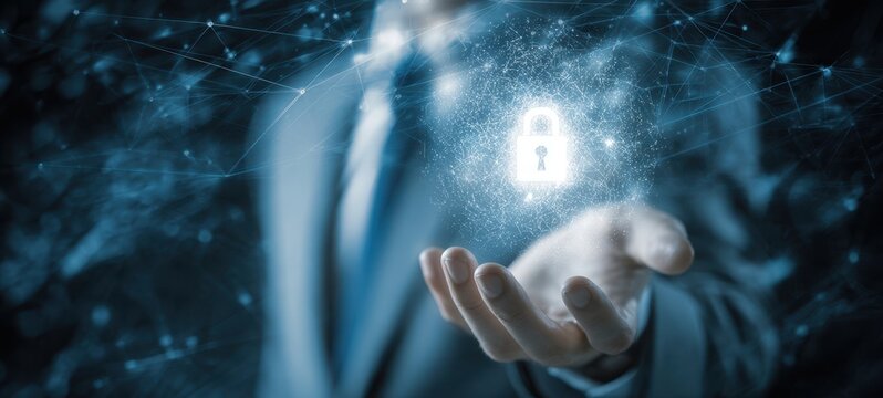 The Padlock of Digital Security Hovering Above Professional's Hand With Network Connections