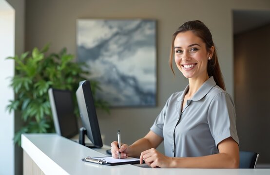 Young pro woman works at modern reception desk in clinic office. Smiles warmly, writes notes with pen on clipboard. Attentive admin staff manages patient appointments, greets visitors, ensures