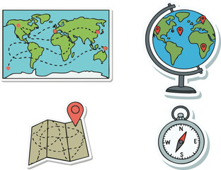 World map, globe, folded map, and compass representing travel planning and exploration in a bright, cheerful style.