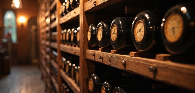 Antique wooden shelves packed with dark glass wine bottles fill dim cellar. Bottles neatly arranged in rows on rustic wine racks, with visible labels caps. Ambiance suggests aged storage, curated
