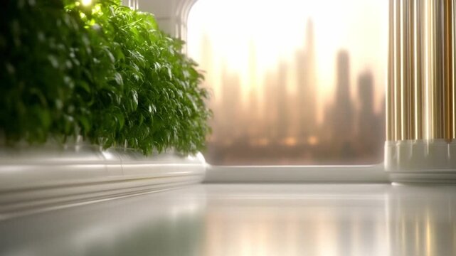 Urban Sanctuary: A serene interior perspective, where sunlight spills through a large window framing a hazy city skyline, complemented by flourishing plants