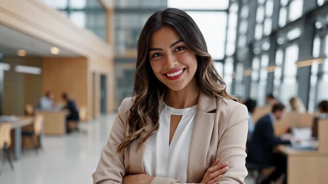 66_Cheerful smiling latin hispanic female student standing hands crossed in office or university campus Portrait beautiful young indian female specialist business woman looking happy at cam 84365438 1