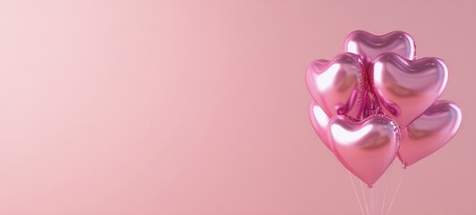 The heart-shaped pink balloons floating in a soft pastel pink backdrop