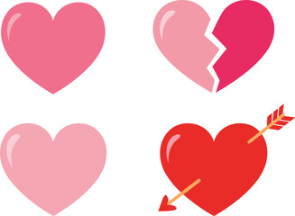 Four hearts with different meanings including broken hearts and love arrow on