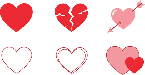 Collection of six diverse heart symbols showcasing love romance and heartbreak for creative projects
