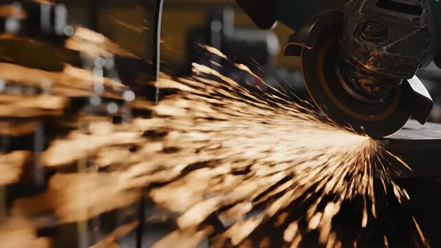Industrial grinder cutting metal with bright sparks flying. Slow motion close-up of a worker fabricating steel in a workshop