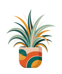 Minimalist vector illustration of a teal, yellow, and beige potted plant with flowing leaves in a retro-modern pot featuring geometric patterns, set against a white background with a gray frame.
