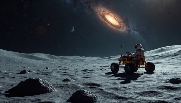 Astronaut drives lunar rover across barren moonscape. Distant galaxy and moon glow in dark starry sky. Robotic exploration vehicle traverses desolate planetary terrain.