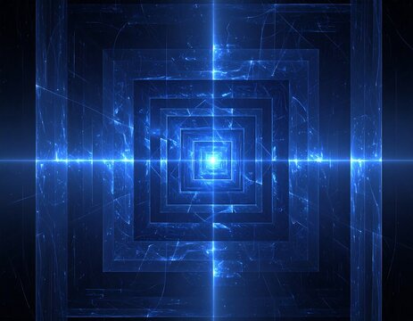 Abstract blue light tunnel effect, featuring recursive, geometric square patterns