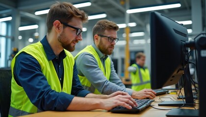 Male engineers work on computers in factory control room. Colleagues in safety vests programming industrial equipment. Technician team manage logistics and monitor production process at warehouse.