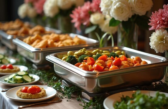 Buffet table with chafing dishes holding various foods, fresh vegetables, and fried items. Floral arrangements adorn background suggesting festive gathering or event.