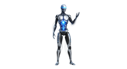 Futuristic humanoid robot with glowing blue chest panel and raised hand isolated on transparent background
