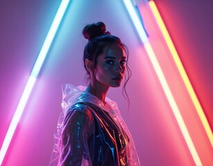 Stylish woman in transparent raincoat poses against vibrant neon lights. Futuristic girl model wears trendy jacket in pink, blue glowing cyberpunk studio. Portrait of fashion female with creative