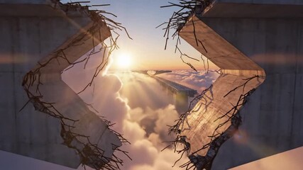 A dramatic view of a destroyed bridge against a sunny sky, symbolizing breaking through barriers and starting anew