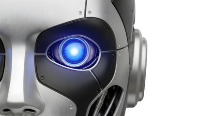 Close up of a futuristic robot eye with a bright blue glowing lens isolated on transparent background